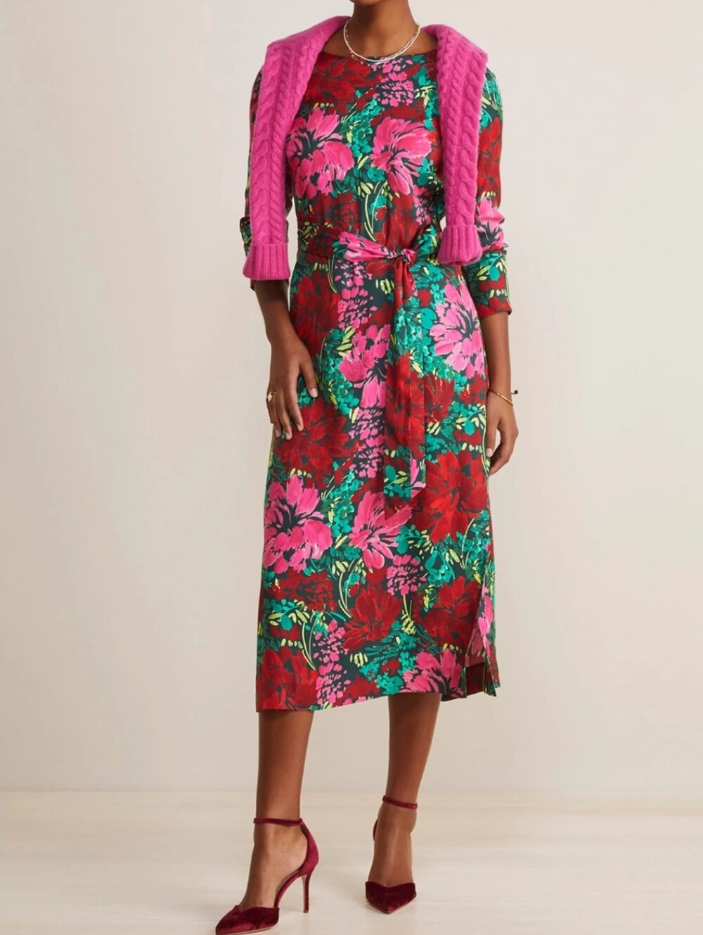 Vinyard Vines Floral Long Sleeve Silk Blend Twill Midi Dress In Brush Floral
